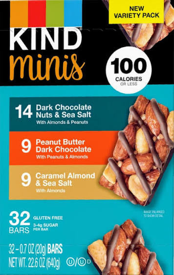 KIND Minis mixed nut bars: front of box listing three mini nut bar flavors