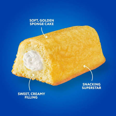 Hostess Twinkies: cut Twinkie showing golden sponge and cream filling