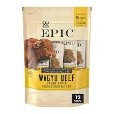 12-count pouch of EPIC Wagyu beef steak snack strips