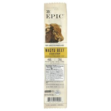 EPIC Wagyu beef snack strips: back of pouch with product and nutrition information