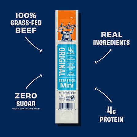 Archer grass-fed beef jerky: individual jerky strip with ingredient and protein callouts
