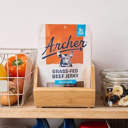 Archer grass-fed beef jerky: jerky bag displayed in a kitchen