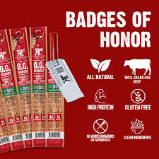 Righteous Felon O.G. Hickory beef sticks: beef stick wrappers with product attribute icons