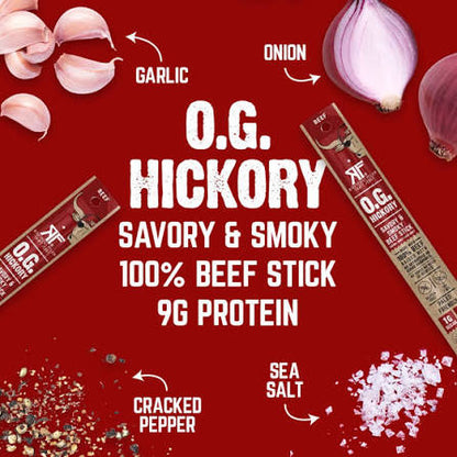 Righteous Felon O.G. Hickory beef sticks: o.G. Hickory beef sticks beside garlic and onion