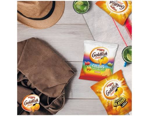 Goldfish sweet and savory variety snack packs: individual snack packs on a tabletop
