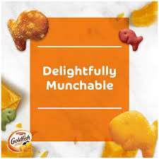 Goldfish crackers and snack packs on orange background