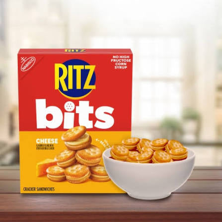 Ritz Bits carton beside a bowl of cheese sandwich crackers