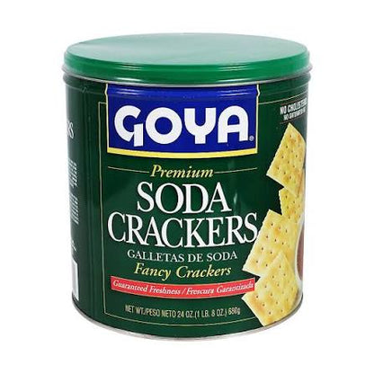 24 oz green tin of Goya Premium Soda Crackers