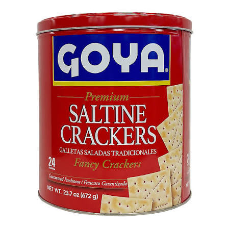 23.7 oz red tin of Goya Premium Saltine Crackers