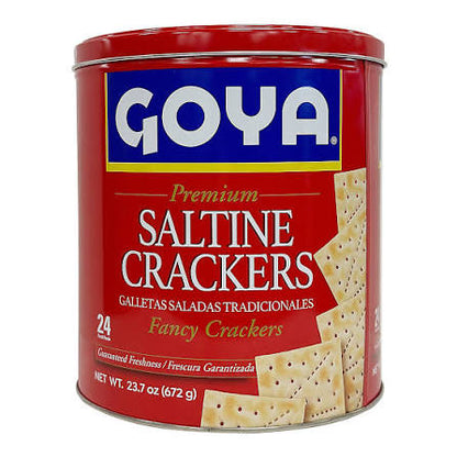 23.7 oz red tin of Goya Premium Saltine Crackers