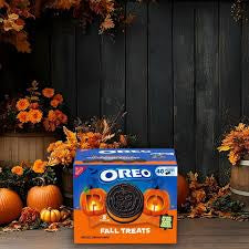 Oreo Fall Treats orange creme cookies: fall Treats box among pumpkins and autumn decorations