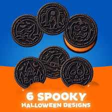 Halloween-embossed Oreo cookies on blue and orange background
