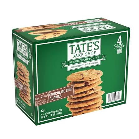 Tate's Bake Shop chocolate chip cookies: angled view of green chocolate chip cookie carton