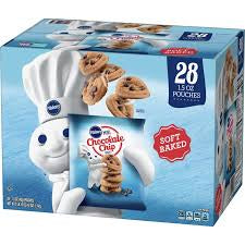 Pillsbury soft baked mini chocolate chip cookies: angled view of 28-pouch cookie carton
