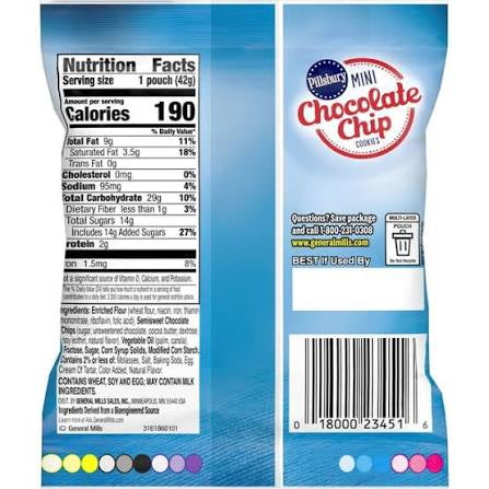Pillsbury soft baked mini chocolate chip cookies: back of cookie carton with nutrition information
