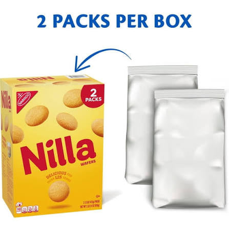 Nilla vanilla wafers: box and two inner wafer packs with 2-packs-per-box callout