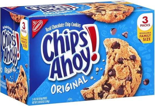 Chips Ahoy chocolate chip cookies: angled view of three-pack cookie carton