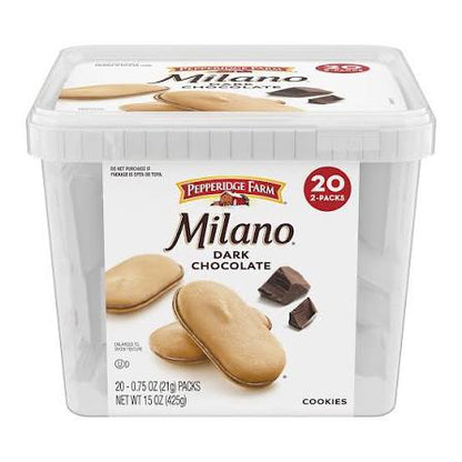 Pepperidge Farm Milano dark chocolate cookies: 20-pack tub of Milano dark chocolate cookie pouches