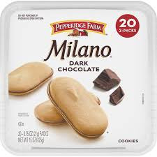 Pepperidge Farm Milano dark chocolate cookies: side of Milano tub showing dark chocolate cookies