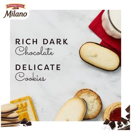 Pepperidge Farm Milano dark chocolate cookies: milano cookies beside rich dark chocolate callout