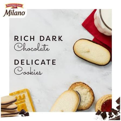 Pepperidge Farm Milano dark chocolate cookies: milano cookies beside rich dark chocolate callout