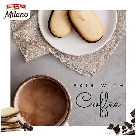 Pepperidge Farm Milano dark chocolate cookies: milano cookies on a plate beside coffee