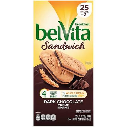 belVita Dark Chocolate Creme Breakfast Bar Biscuit Sandwiches, 25 pk.