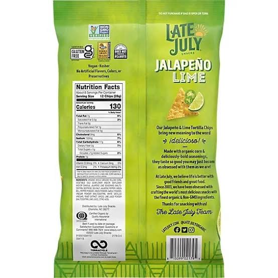 Late July Jalapeno Lime Tortilla Chips, 6 oz.