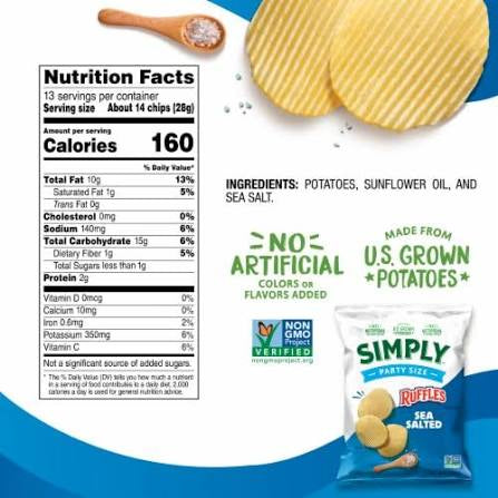 Ruffles Simply Sea Salted Potato Chips Party Size, 13 oz.