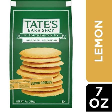 Tate's Bake Shop Gluten Free Lemon Cookies, 7 oz., green package with stacked cookies.