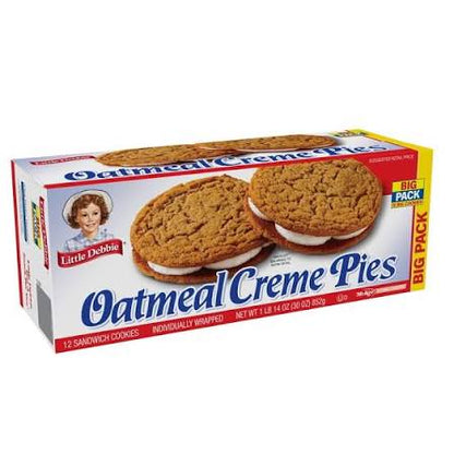 Little Debbie Oatmeal Creme Pies Big Pack, 12 sandwich cookies, 30 oz. box.