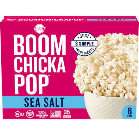 Angie's BOOMCHICKAPOP Sea Salt Microwave Popcorn, 19.74 oz., six-bag box.