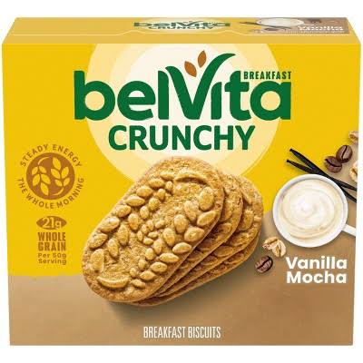belVita Crunchy Vanilla Mocha Breakfast Biscuits, 8.8 oz., yellow box.