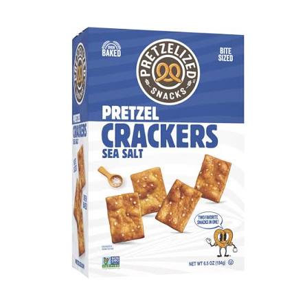 Pretzelized Sea Salt Pretzel Crackers, 6.5 oz., blue box with crackers.