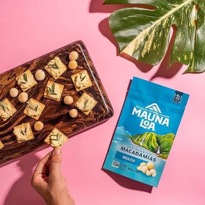 Mauna Loa Natural Macadamias bag beside a tray of snacks.