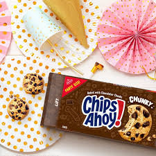 Chips Ahoy! Chunky Cookies package beside party hats and decorations.