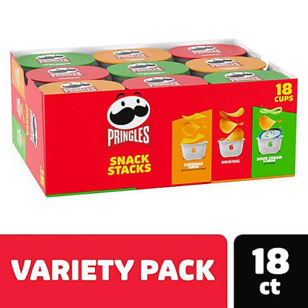 Pringles Variety Pack Snack Stacks, 18 cups, 12.9 oz., with Original, Cheddar Cheese and Sour Cream and Onion flavors.