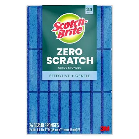 Scotch-Brite Zero Scratch Scrub Sponges, 24-count package with blue sponges.