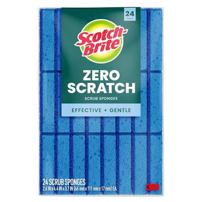 Scotch-Brite Zero Scratch Scrub Sponges, 24-count package with blue sponges.
