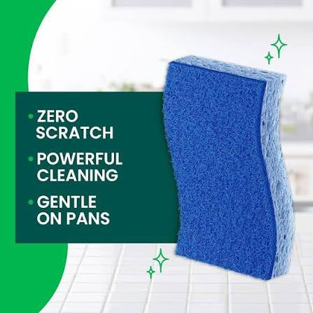 Blue Scotch-Brite Zero Scratch sponge with powerful cleaning and gentle-on-pans messaging.
