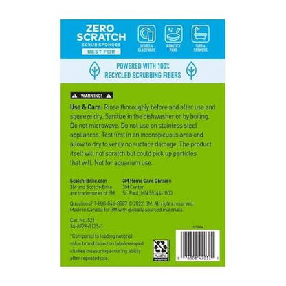 Back of Scotch-Brite Zero Scratch Sponge package showing use and care instructions.