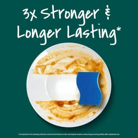 Scotch-Brite Zero Scratch sponge on a food-soiled plate with strength and durability messaging.