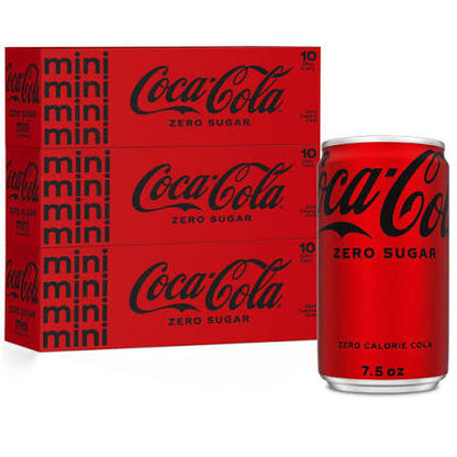 Coca-Cola Zero Sugar mini cans in three 10-can packs with a 7.5-fluid-ounce can, 30 cans total.