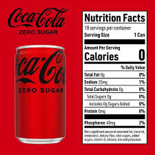Coca-Cola Zero Sugar mini can beside Nutrition Facts showing zero calories per 7.5-fluid-ounce can.