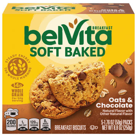 belVita Soft Baked Oats & Chocolate Breakfast Biscuits, 8.8 oz. — front package view.