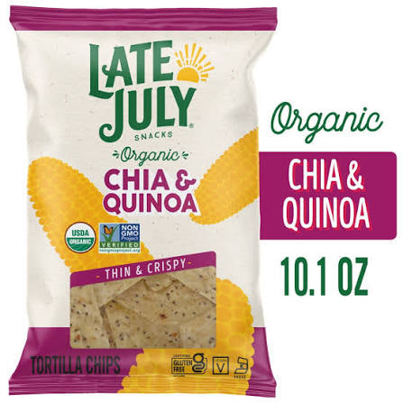 Late July Organic Thin & Crispy Chia & Quinoa Tortilla Chips, 10.1 oz. — front package view.