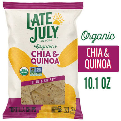Late July Organic Thin & Crispy Chia & Quinoa Tortilla Chips, 10.1 oz. — front package view.