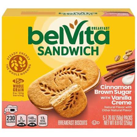 belVita Cinnamon Brown Sugar Breakfast Biscuits with Vanilla Creme, 8.8 oz. — front package view.
