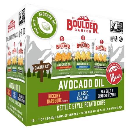 Boulder Canyon Avocado Oil Kettle Style Potato Chips Variety Pack, 18 oz. — front package view.