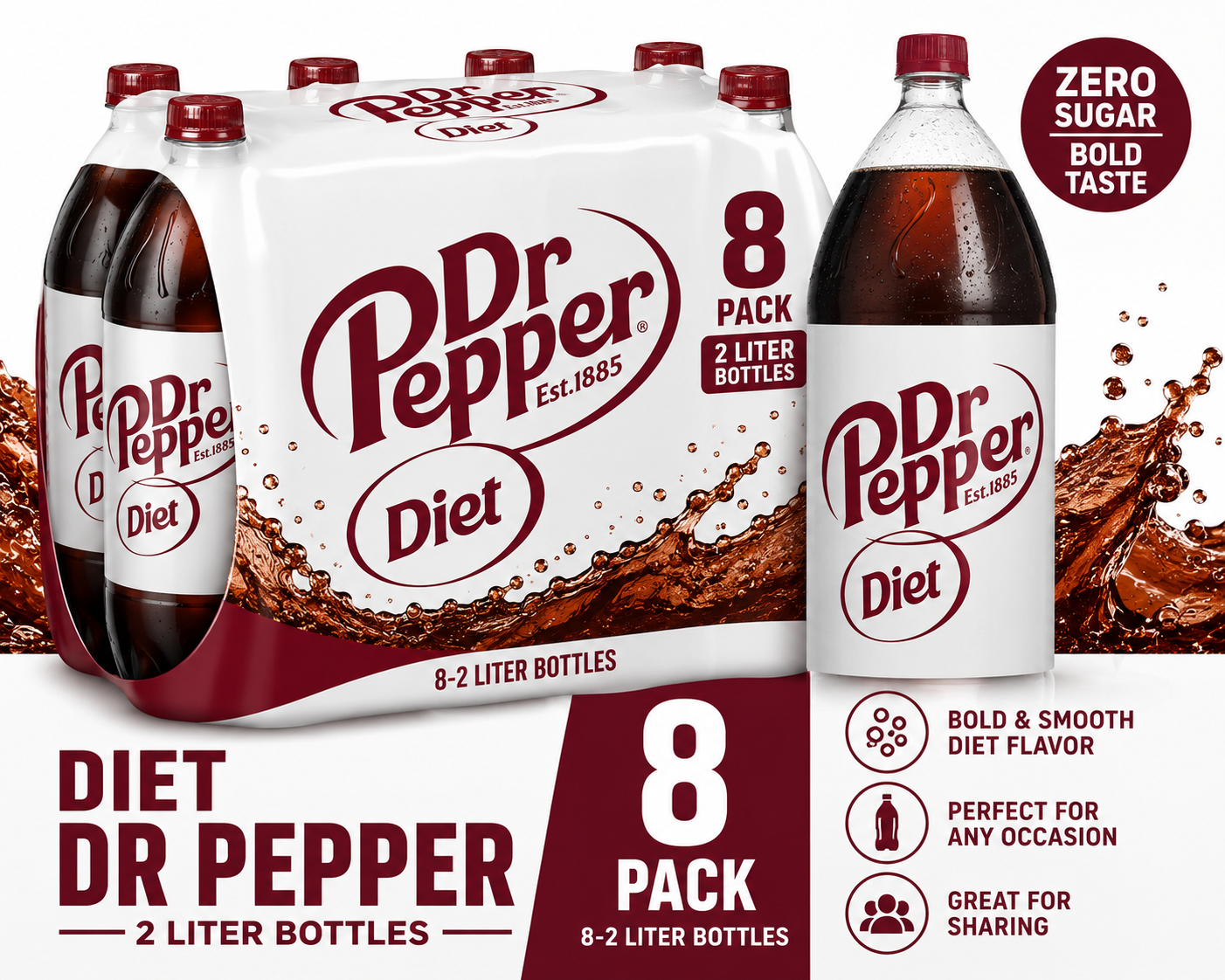 Diet Dr Pepper Diet Original Soda 2-Liter Bulk Bottles (8 ct, 2 L)